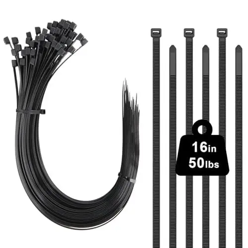 Produktbild: 100 Stück Kabelbinder Schwarz, 400 x 4,8 mm Nylon lang Cable straps uv beständig, 16 inch Cable Ties Zugfestigkeit 22kg, Selbstsicherndes Zip Ties für Zur Ordnung von Kabeln, Gartenarbeit Hause Büro