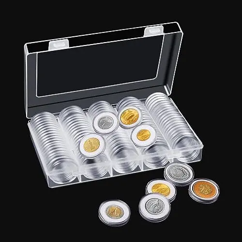 Produktbild: FKSOWBBK 100 Stück Münzkapseln 30mm Durchsichtige Runder Dichtung Aufbewahrungsbox mit 100 Weiß Eva Schaumdichtungen 17/20/25/27/30 mm 5 Größen für Sammlermünzen Schützen Münzsammelbedarf, black