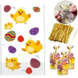 Produktbild: 100 Stück Ostern Cellophantüten Plätzchentüten mit boden, Transparent Candy bar Tüten Kekstüten Geschenktütchen, mit 100 Stück Twist Krawatten, für Bonbon Plätzchen Pralinen
