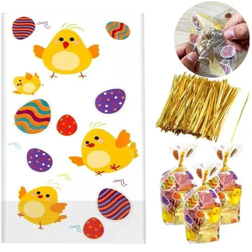 Produktbild: 100 Stück Ostern Cellophantüten Plätzchentüten mit boden, Transparent Candy bar Tüten Kekstüten Geschenktütchen, mit 100 Stück Twist Krawatten, für Bonbon Plätzchen Pralinen
