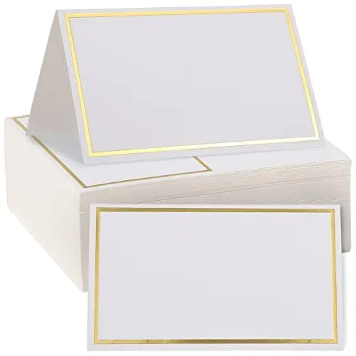 Produktbild: 100 Stück Tischkarten Kleine Zeltkarten mit Goldfolienrand Leere Platzkarten für Hochzeitsnamen Klapptischkarten für Restaurants Bankette Dinnerpartys