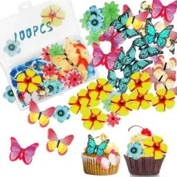 Produktbild: 100 Stück Torten Deko Essbare Schmetterlinge Blumen, Essbare 50 Schmetterlings + 50 Blüten Kuchen Esspapier, Cupcake Topper Oblatenpapier für Hochzeit, Geburtstag, Party Lebensmittel Dekoration