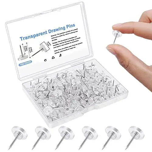 Produktbild: 100 Stück Transparente Reißzwecken, 16mm Pinnwandnadeln Flach Reißnägel Deko mit Aufbewahrungsbox für Korkplatte, Landkarte, Fotos, Haus, Brüo, Handwerke (Transparent)