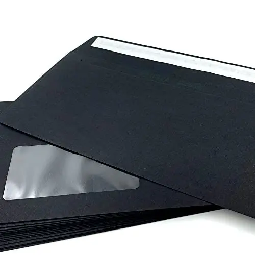 Produktbild: 100 Umschläge mit Fenster, Schwarz, DIN lang = 220 x 110 mm, Haftklebestreifen, Fensterkuverts