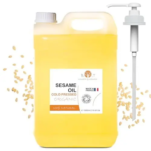 Produktbild: 100% reines und natürliches Bio-Sesamöl, das aus der Kaltpressung von Sesamsamen gewonnen wird. Zertifiziert biologisch. Haut- und Haarpflege. Ayurveda Massageöl - 10000 ml 10 L