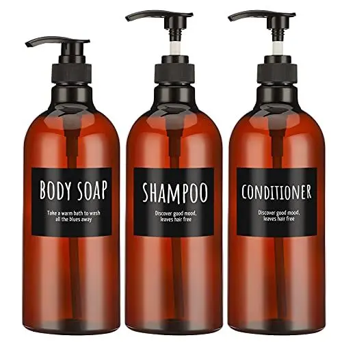 Produktbild: 1000ml/33.8oz Shampoo-Flasche mit Pumpe, Segbeauty 3pcs Leere Shampoo- und Conditioner-Flasche, Shampoo-Spenderflasche für Körperseife, brauner Kunststoff-Press-Spender nachfüllbar