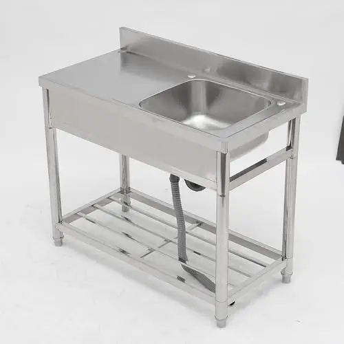 Produktbild: DARDVORLAG Küchen Waschbecken Edelstahl Einer Schüssel Waschbecken Wäscherei mit Schüssel Waschbecken Edelstahl Spültisch mit Lagerböden für Innen Freien (Spültisch Silber, 100CM x 50CM x 90CM)