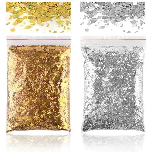 Produktbild: 100g Glitzer Basteln, Glitzer Gold + Glitzer Silber, Bastel Glitzer, Pulver Glitzer zum Basteln, Glitzerpulver für Makeup Nägel Gesich Handwerk Nagelkunst Kartenbasteln