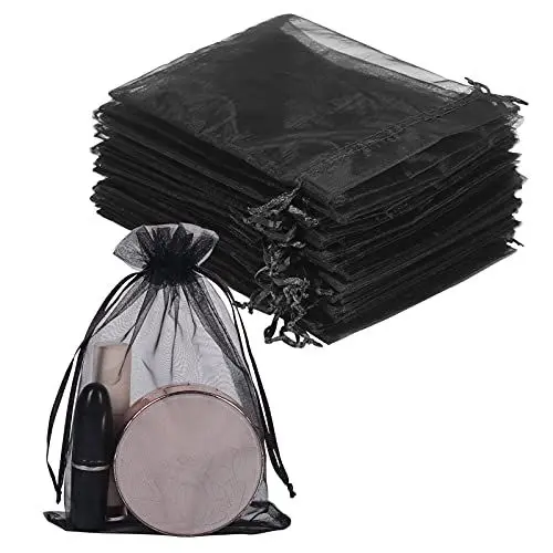 Produktbild: 100PCS Organzasäckchen Schwarz 13X18cm, 5X7 Zoll Schmucksäckchen, Mesh Gaze Säckchen mit Kordelzug für Schmuck Hochzeit Süßigkeiten Make-up Kosmetik Party Weihnachtsfest Verpackung