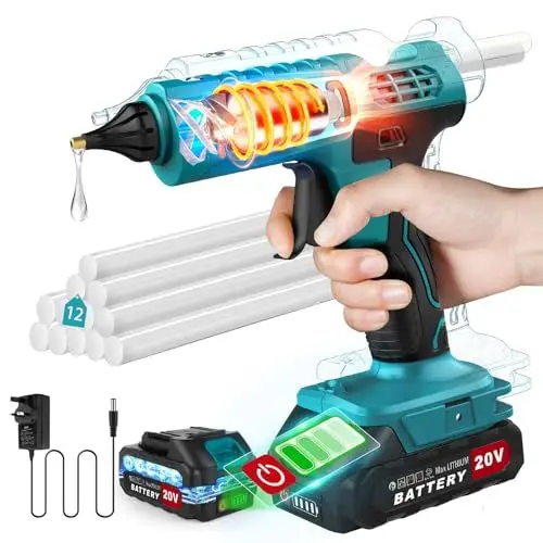 Produktbild: 100W Akku Heißklebepistole Kabellos, mit 21V 2000mAh Akku und Ladegerät, Schnell Aufheizung Klebepistole mit 12 PCS Klebesticks, Heissklebepistole für DIY, Handwerk und Schnelle Reparaturen