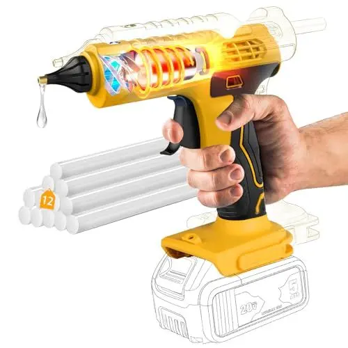 Produktbild: 100W Akku Heißklebepistole für Dewalt Akku 18V/21V, Schnell Aufheizung Klebepistole mit 12 PCS Klebesticks, Heissklebepistole für DIY, Handwerk und Schnelle Reparaturen (ohne Batterie, ohne Ladegerät)