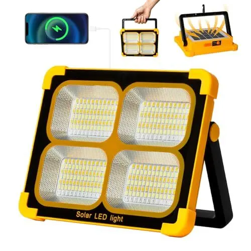 Produktbild: 100W LED Baustrahler Akku Solar Arbeitsleuchte Tragbare, 10000LM 12000mAh Akku Arbeitsleuchte USB-Wiederaufladbar, 4 Lichtmodi, Campinglampe Tragbar im Freien für Notfälle, Baustelle, Camping, Garage