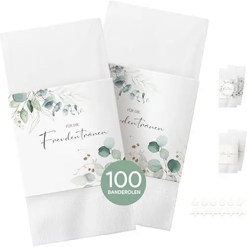 Produktbild: 100x Freudentränen Taschentücher Banderole, Banderolen als Deko für Gäste-Taschentücher, Taschentücher Hochzeit Freudentränen, inkl. Klebepunkte zum verschließen (Taschentücher nicht enthalten)