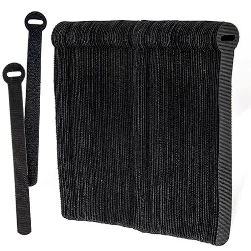 Produktbild: 100x Schwarz wiederverwendbare kabelbinder klettband, Verstellbare kabelklettbänder, stark Haken und Schleife klettbänder mit schnalle für TV-Kabel, PC-Kabel und Schreibtischorganisation