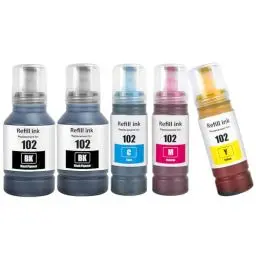 Produktbild: 102 Tintenflaschen 5 Farb Multipack Kompatibel für EPSON 102 Tinte ET-2700 ET-2750 ET-2751 ET-2756 ET-2850 ET-2851 ET-2856 ET-3700 ET-3750 ET-3850 ET-4750 ET-4850 ET-4856 ET-15000 Drucker