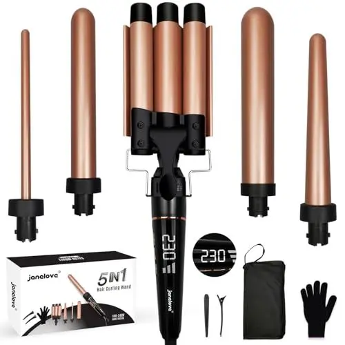 Produktbild: 10-32mm Lockenstab 5 in 1 für Große und kleine locken, Turmalin keramik 25mm Welleneisen für Lange haare, 80-230°C Einstellbare Lockenstab 3 fässer set mit handschuh, clips, nylontasche (Bronze)