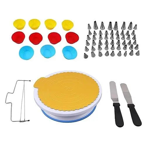 Produktbild: 106-teiliges Kuchendekorationsset, Kuchendrehteller mit 48 Zuckergussspitzen, 3 Kuchenschaber, Kuchenstift, Gebäck, Wiederverwendbare Tasche, Silikon-Kuchenmatte, Backwerkzeuge