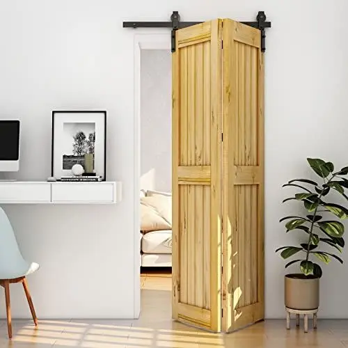 Produktbild: 107cm/3.5FT Bifold Schiebetürbeschlag Schiebetüren Schiebetürsystem Komplettset Laufschiene Rollen Set Schwarz für 2 Holztür 51cm Breit