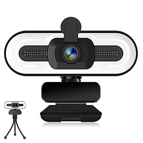 Produktbild: 1080P Webcam mit Mikrofon, Full HD Facecam Live-Streaming Webcams mit Ringlicht, Stativ, 360° Schwenkradius, USB Kamera für PC, Videochat-Aufnahme, Mac, Laptop, Zoom, Skype