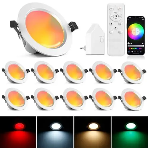 Produktbild: 10er 9W RGBWC+CCT LED Spots 230V, WiFi Bluetooth LED Einbaustrahler Dimmbar LED Einbauspots Flach LED Downlight Einbauleuchten, RGB+2700K-6500K, APP Steuerung, Kompatibel mit Alexa Google Home