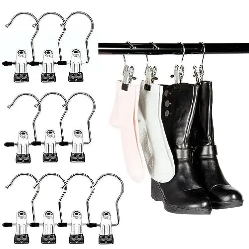 Produktbild: 10er Wäscheklammern Edelstahl Klammern Metall Klemmhaken Rutschfest Clips Kleiderbügel Klammer 360° Drehbarer Haken Metallklammern Hosenbügel Klemmbügel Sockenhalter Wäscheklammer für Stiefel Handtuch