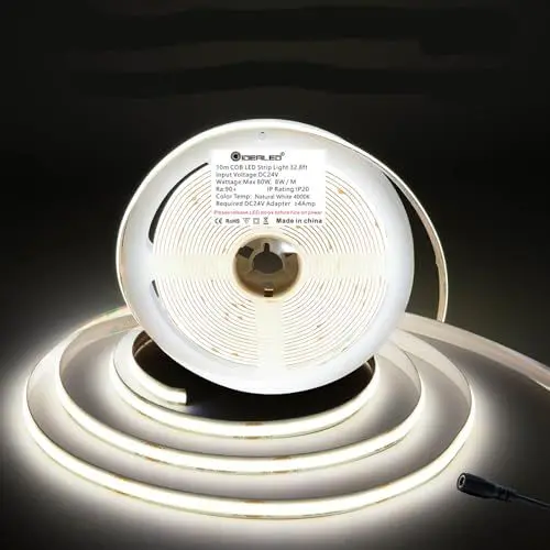 Produktbild: 10m/Rolle DC24V COB LED Streifen 4000K Natürliches Weiß,Dimmbar Flexibel Hohe Dichte Gleichmäßiges Licht,7680Lumen Cob LED Strip Light für Zusätzliche Beleuchtung(Ohne 24V Netzteil und Controller)