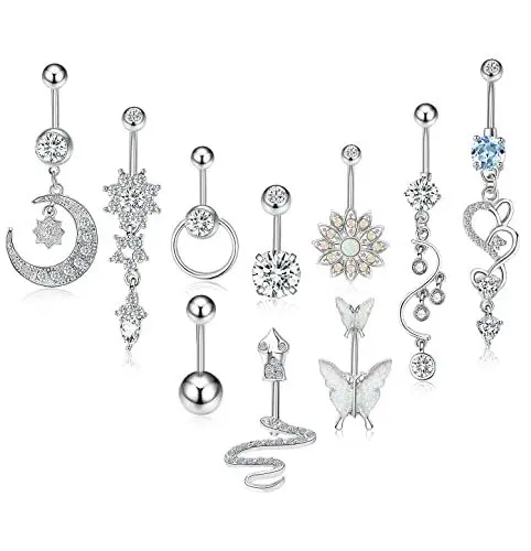 Produktbild: 10PCS Bauchnabel Ringe für Frauen Teen Mädchen 14G Edelstahl Silber Rose Gold Nabel Ringe Barbell Körper Piercing Schmuck CZ Lange Dangle Bauch Ring Set