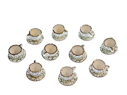 Produktbild: 10x Tasse Puppenhaus Puppenstube Becher Porzellan Tee Kaffee Punkte grün Tassen