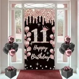 Produktbild: 11. Geburtstag Dekorationen für Mädchen, Happy 11 Years Old Stoff Schild Poster Rosegold Hintergrund Tür Banner, 11. Geburtstag Party Supplies Foto Hintergrund Willkommensschild, 180 cm x 90 cm