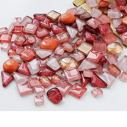 Produktbild: 1.1 Pfund Mosaiksteine zum Basteln,Muggelsteine für Kreativ DIY,Mini Buntglas Dekosteine für Draußen,RotPink
