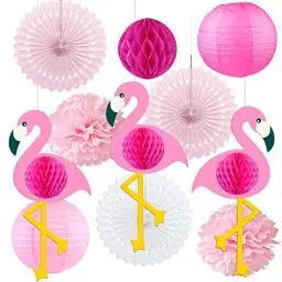 Produktbild: 11 Stück Flamingo Party Deko Set, Hängende Papier fächer Laternen und PomPoms Deko, Seidenpapier Pompoms für Hawaiian Luau Strand Geburtstag Hochzeit Foto Dekor