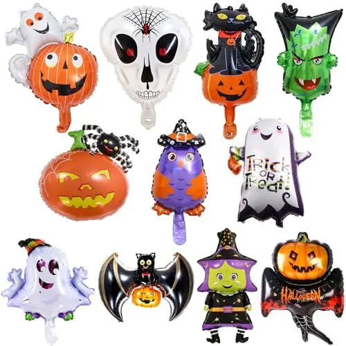 Produktbild: 11 Stück Halloween Folienballon Set, Mini Luftballon Geist Spinne Kürbis Katze Hexe Monster Totenkopf Eule Helium Halloween Deko Ballon für Kinder Gruselig Halloween Trick or Treat Party Dekoration