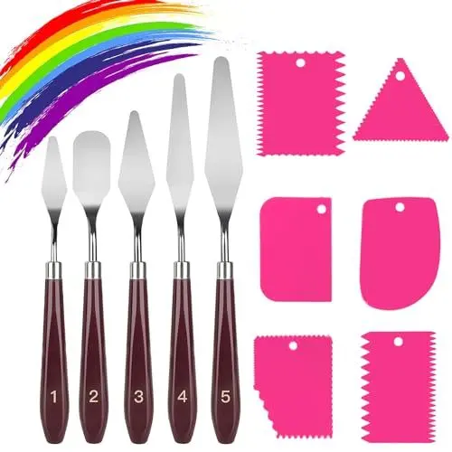 Produktbild: 11 Stück Palettemesser Set, 5 Stücke Malmesser Spachtel und 6 Stücke Plastikschaber Abstreifermesser Acrylmalerei Malspachtel Künstlerbedarf für Lgemälde, Gouache, Aquarell, Felsmalerei (Rosa)