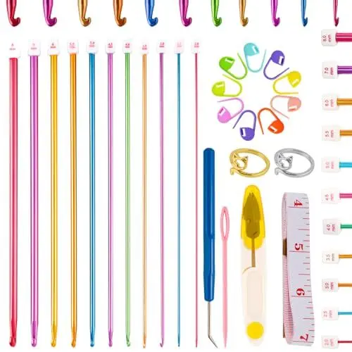 Produktbild: 11 Stück Tunesische Häkelnadeln Set, Bunt Aluminium Tunesische Stricknadeln Häkeln, Tunesische Häkelnadel mit Zubehör, für Anfänger, 2 mm - 8 mm Häkelnadeln Tunesisch Set
