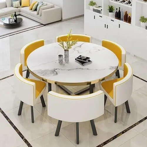 Produktbild: 110cm Rund Esstisch mit 6 Essstühlen, Esstisch mit 6 Esszimmerstühle, Balkon Esstisch Konferenztisch Set 6 Personen for Esszimmer Küche Wohnzimmer(Geel)