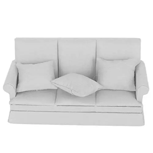 Produktbild: 1:12 Puppenhaus Wohnzimmermöbel Mini-Sofa mit 3 Stück Kissen Wohnzimmermöbel Holzpuppenhaus Dekoration Zubehör für und Mädchen(Grau)