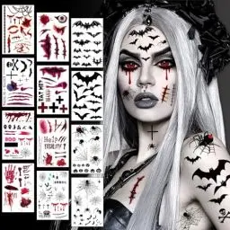 Produktbild: 12 Blatt Halloween Tattoos, Halloween Vampir Kostüm Damen Herren Gruselig Gesicht Aufkleber, Zombie Hexen Zubehör Narben Wunden Fledermaus Gesichtstattoo, Erwachsene Kinder Schminke Accessoires Motive