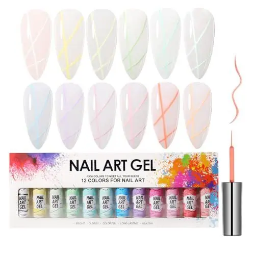 Produktbild: 12 Farben Gel Nagellack UV,Nagellack Einweichen Set für Anfänger mit Dünnerem Pinsel, Mehrfarbige Gelnägel Zum Zeichnen Von Linien,DIY French-Maniküre für Nageldesign Gel Set,UV Nagellack-Liner 8ML