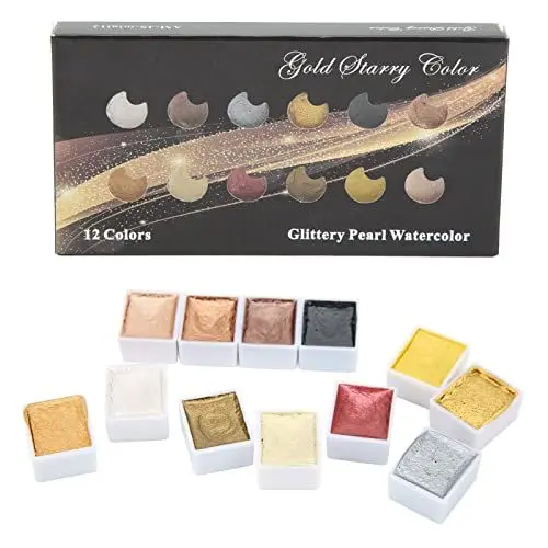 Produktbild: 12 Farben Gouache-Farbset Metallic-Farbsystem Highlight Dimming Aquarell-Set für Kunstmalerei Maniküre