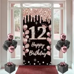 Produktbild: 12. Geburtstag Dekorationen für Mädchen, Happy 12 Years Old Stoff Schild Poster Rosegold Hintergrund Tür Banner, 12. Geburtstag Party Supplies Foto Hintergrund Willkommensschild, 180 cm x 90 cm