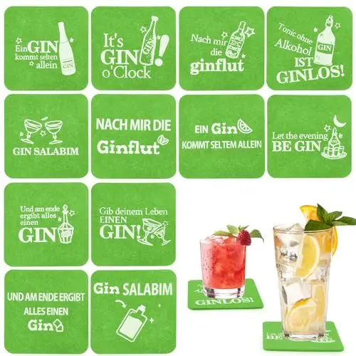 Produktbild: 12 Gin Set Untersetzer GläSer Gin Tonic GläSer Glasuntersetzer Mit GinsprüChen Untersetzer Filz Filzuntersetzer Filz Untersetzer FüR GläSer Glas Untersetzer-Set Ginfans Ginliebhaber (Schwarz) (Grün)