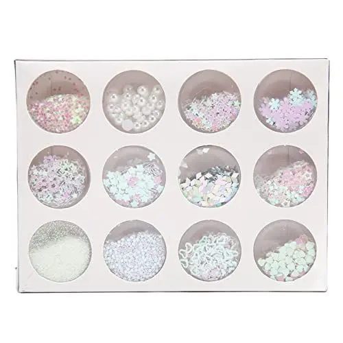 Produktbild: 12 Gitter Glitzer-Pailletten-Set, Handgefertigt, DIY-Nagelkunst, Glitzer-Pailletten-Abziehbilder-Set, 3D-Nagelkunst-Dekorationen für Nagelkunst, Haare, Becher, Malerei, Festival-Dekoration(Weiss)