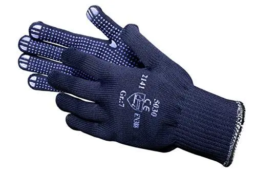 Produktbild: 12 Paar JAH 5030 Feinstrick Handschuhe blau mit Noppen gute Passform ohne Nähte griffsicher atmungsaktiv waschbar 70% Polyester außen 30% Baumwolle innen hochwertige mittelschwere Qualität Gr. 7