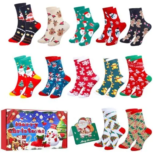 Produktbild: 12 Paar Weihnachtssocken Damen Herren Kuschelsocken Christmas Socks Interessant Weihnachtsmotiv Baumwolle Socken Winter Warme Bett Socken Mix Design mit Weihnachtsmann, Schneemann und Rentier