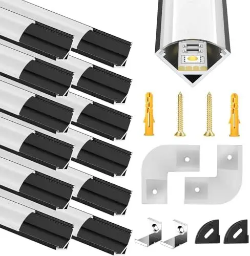 Produktbild: 12 Pack LED Kanal Schwarz für 12mm Led Streifen, V Form Aluminium Profil Leiste Schiene Alu Profil, Stripes Aluprofil mit Milchiger Weißer Abdeckung, Strip Diffusor mit 45 Grad Eckverbindern