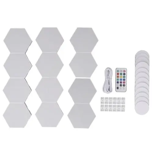 Produktbild: 12 Set Hexa-Lichtpaneele, Fernbedienung, Hex-Wandleuchte, LED, Smart Touch, USB-betrieben, DIY, Modular Aufgebaute RGB-Wandpaneele