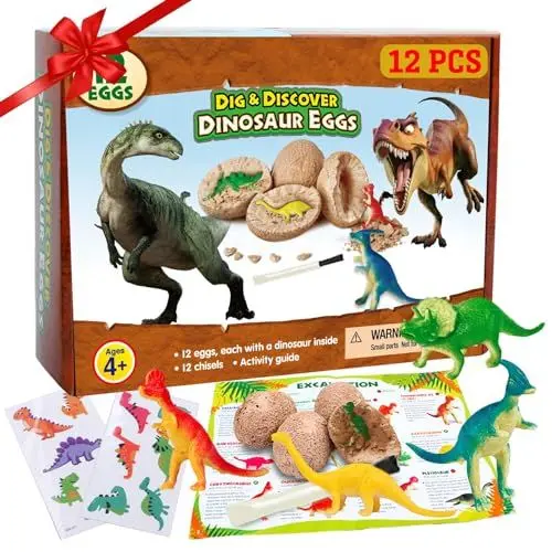 Produktbild: 12 Stück Dinosaurier Eier Party Supplies Spielzeug, Dino Eier Dig Kit, zum Ausgraben Favors STEM für Kinder im Alter von 4 5 6 + (2 Stück Tätowierungen)