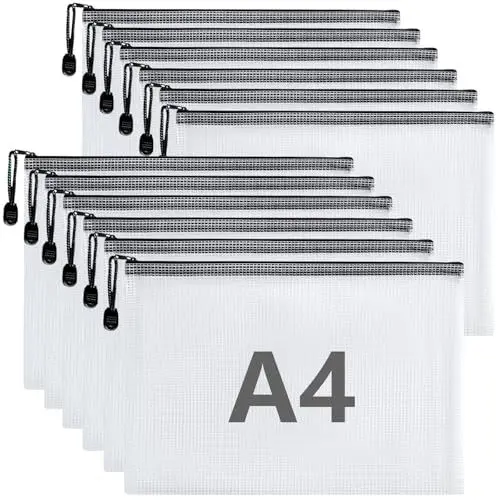 Produktbild: 12 Stück Dokumententasche A4,Datei Taschen mit Reißverschluss,Zipper Tasche A4,Wasserdichte Mesh Dokumententasche,Zip Beutel Dokumente für Büros Schule (Schwarz)