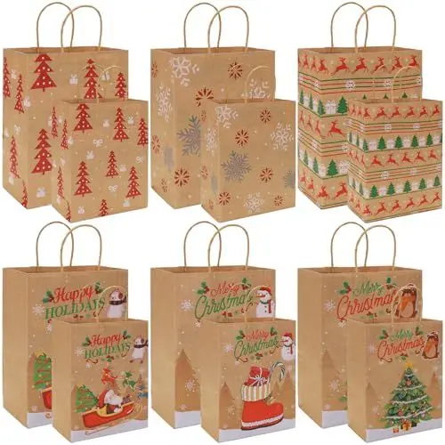 Produktbild: 12 Stück Geschenktüten Weihnachten, 2 Größen Weihnachtstüten Papiertüten mit Griff, Weihnachts Kraft Geschenktaschen, Kinder Papier Weihnachtstaschen, Zur Aufbewahrung von Geschenken, Partyzubehör