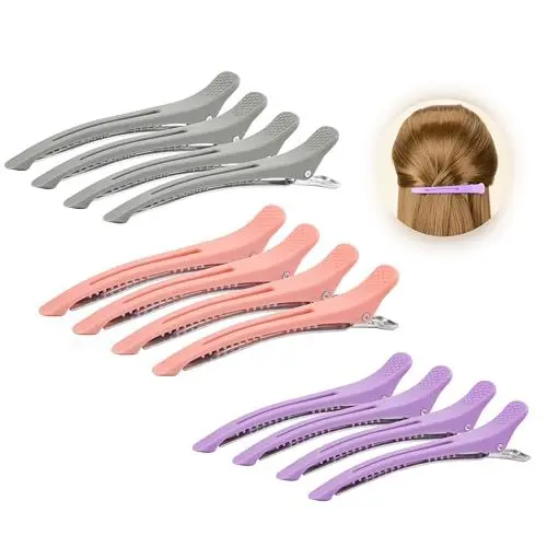 Produktbild: 12 Stück Haarclips Haarklammer mit Silikonband Haarklammern Groß 3 Farben Rosa Violett Grau Haarspangen für Familien Salon Professionelle Friseur Zubehör